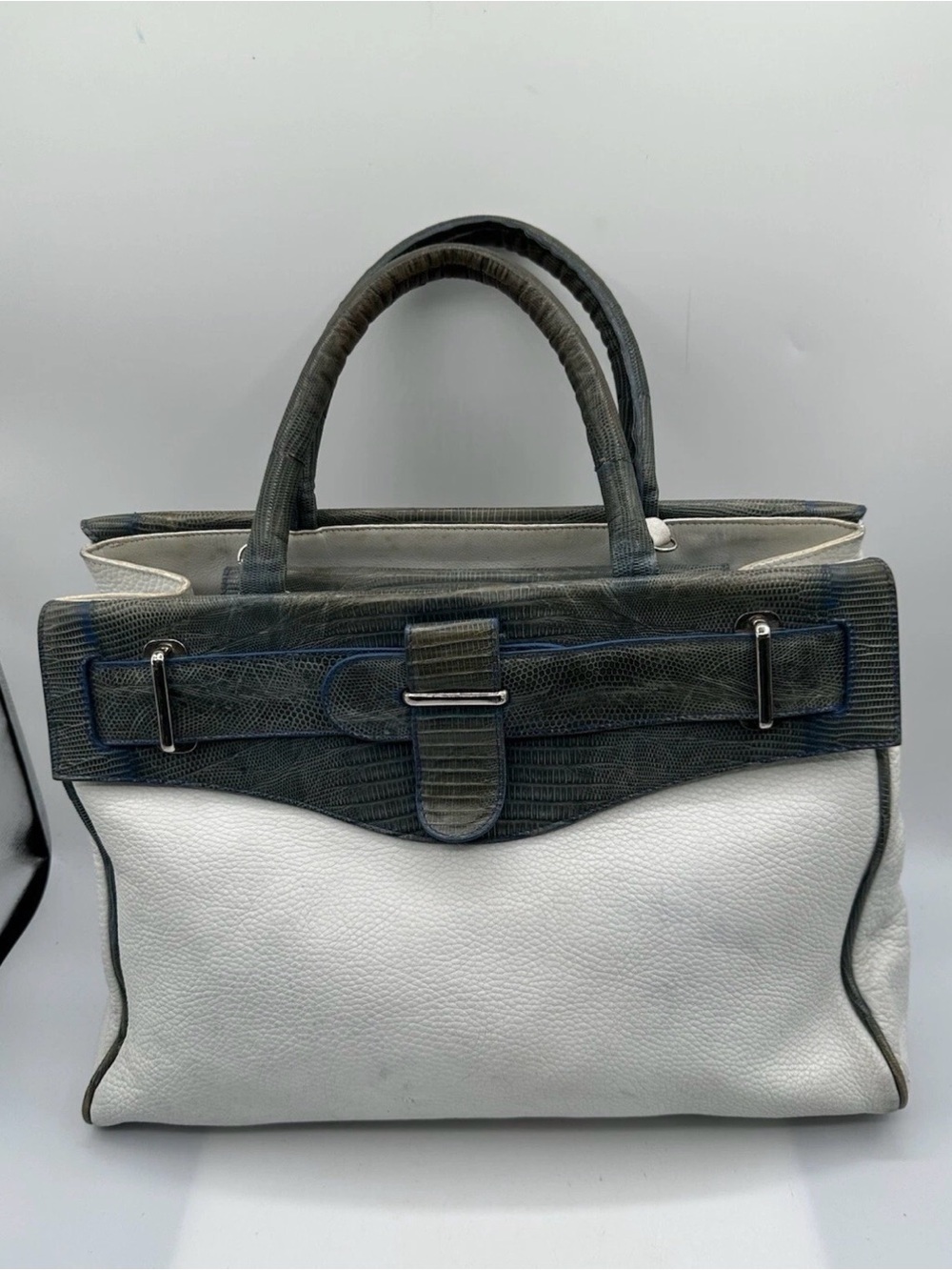 Daniella Ortiz White Leather with Blue/Green Lizard Accent